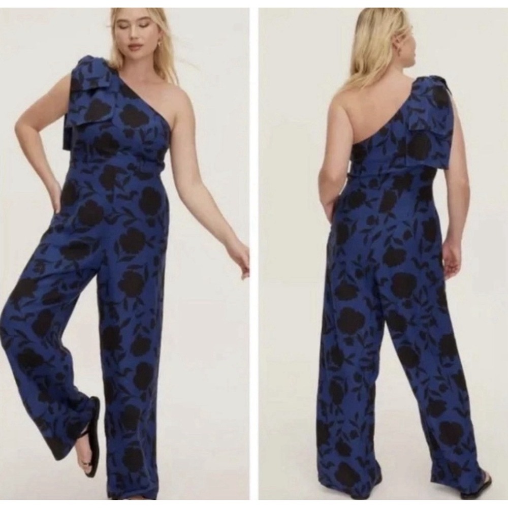 NWT Kate‎ Spade sz 8 Classic Rose Floral Navy Blk Jumpsuit one shoulder bow L